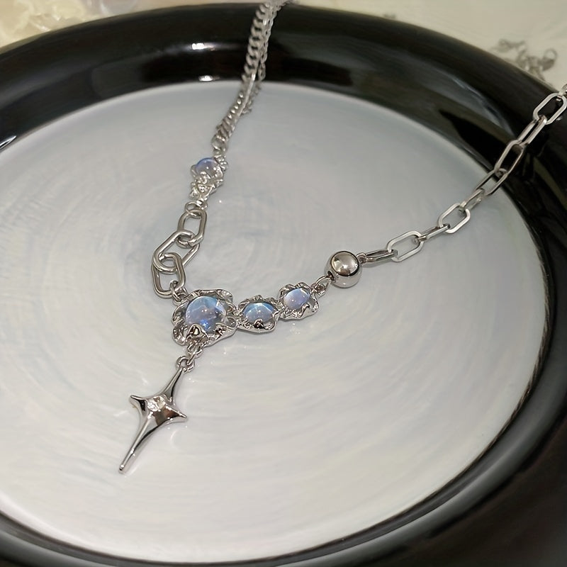 Crinkled Moonstone Rhinestones Star Necklace