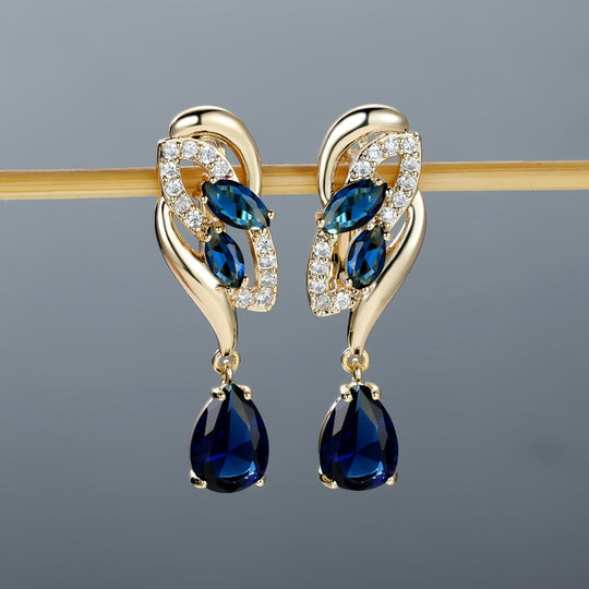 ANGOL Romantic Flower Dangle Earrings for Women - Golden-Tone Floral Design with Red & Clear Synthetic Gemstones, Elegant Party & Everyday Jewelry Gifts