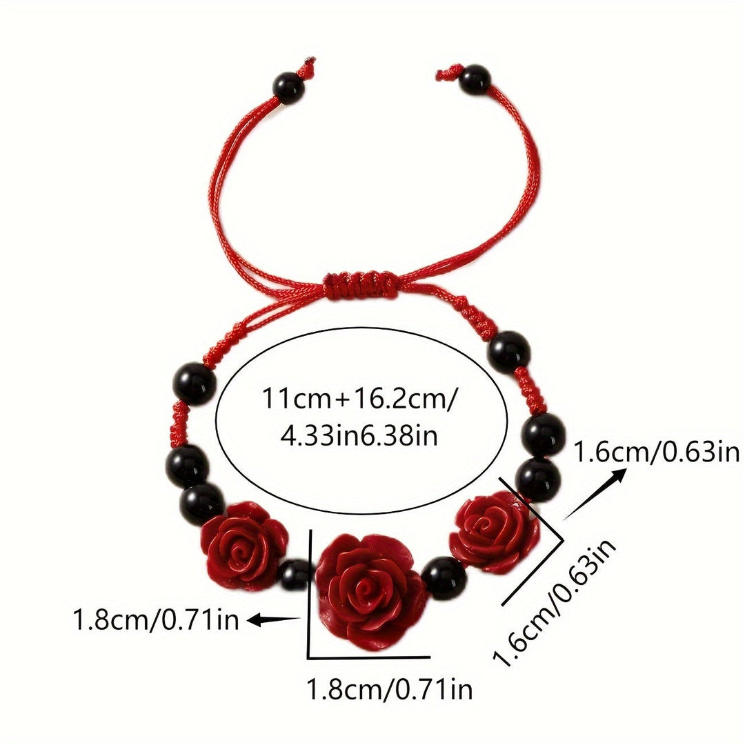 Red Rose Flower Black Beads Beaded Bracelet