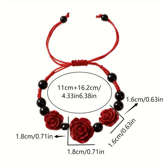 Red Rose Flower Black Beads Beaded Bracelet