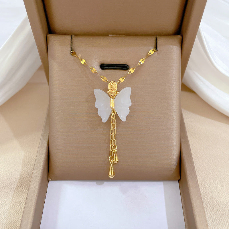 Two-Tone Jade Butterfly Tassel Necklace