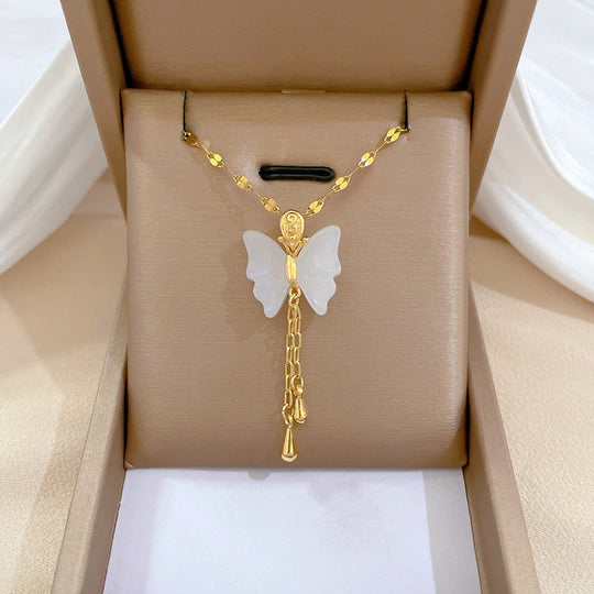 Two-Tone Jade Butterfly Tassel Necklace