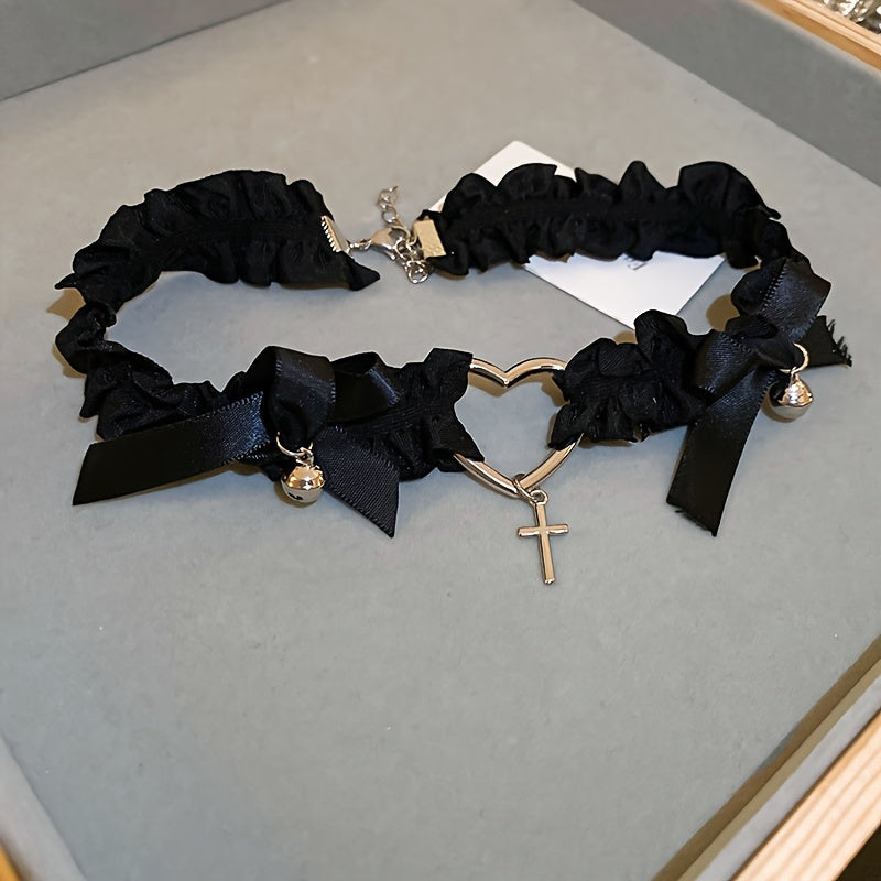 Pleated Elastic Fabric Heart Cross Necklace