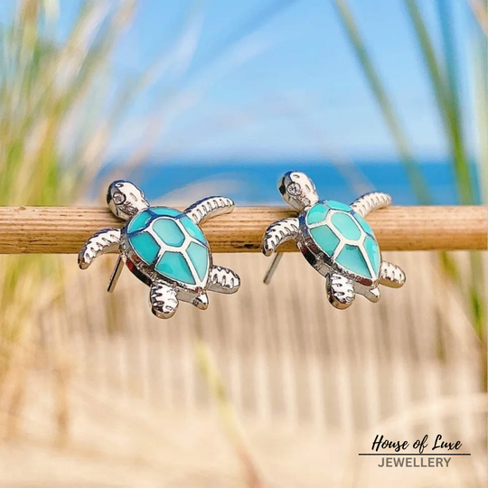 Sea Turtle in Opal and Silver Earrings