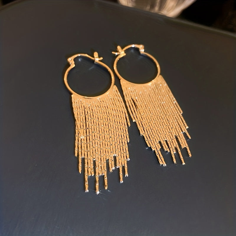 Elegant Golden-Plated Chain Tassel Hoop Earrings