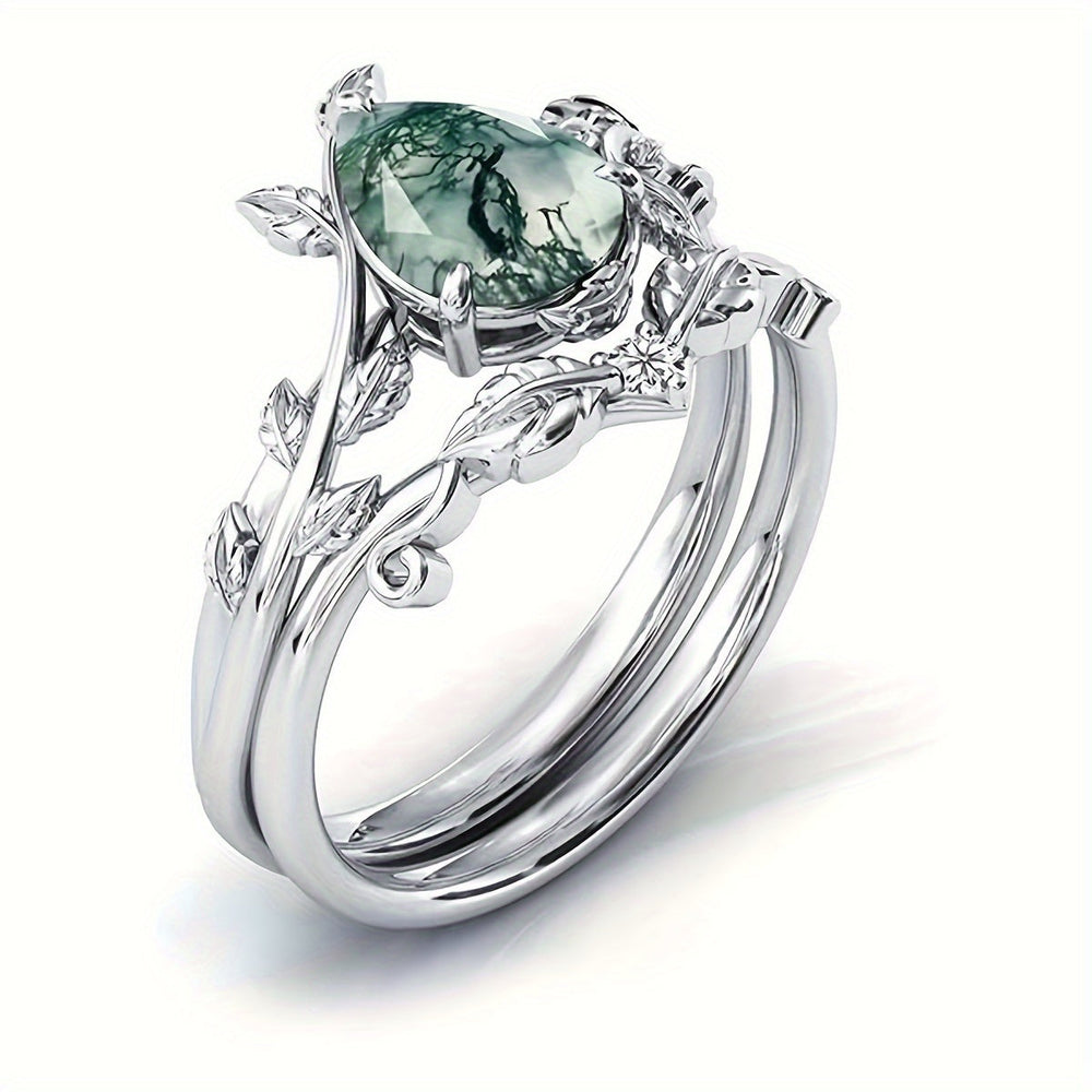 Elegant S925 Sterling Silvery Natural Water Grass Agate Ring Set