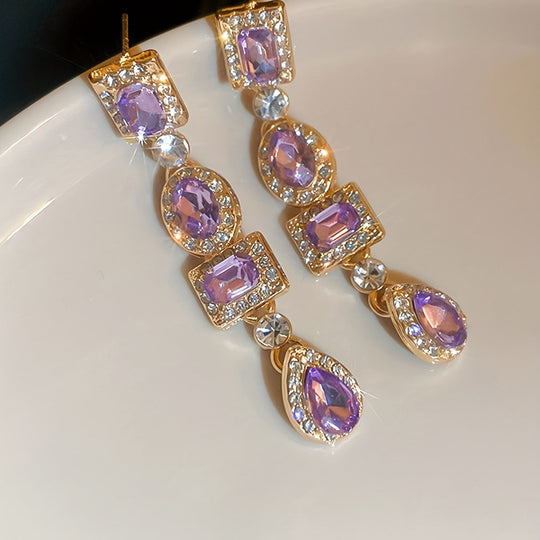 Golden Dangle Earrings with Emerald & Clear Gemstones