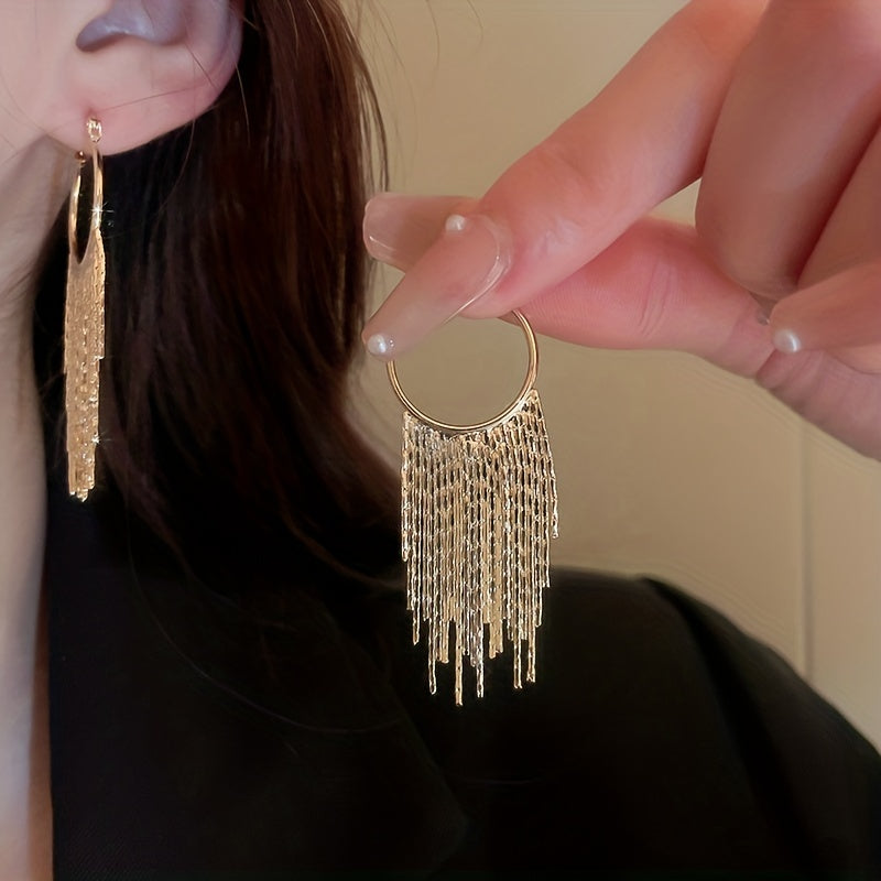 Elegant Golden-Plated Chain Tassel Hoop Earrings