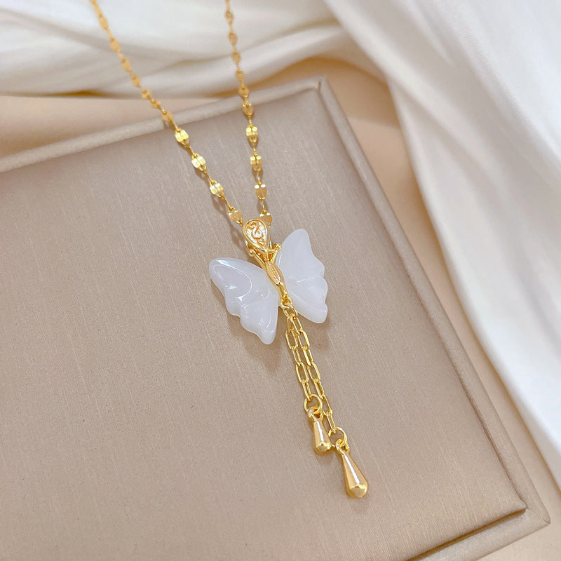 Two-Tone Jade Butterfly Tassel Necklace