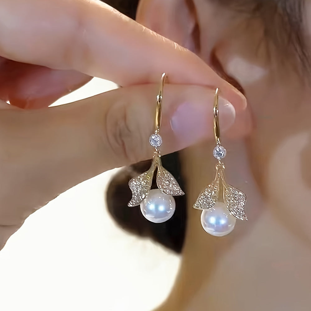 French Leaf & Faux Pearl Drop Earrings