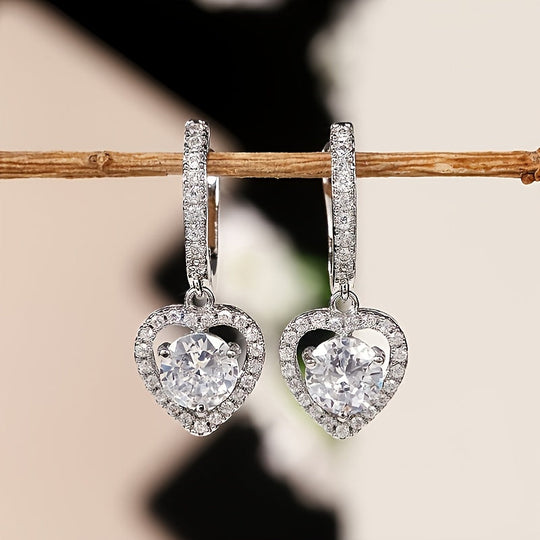 Hollow Heart Zirconia Hoop Drop Earrings