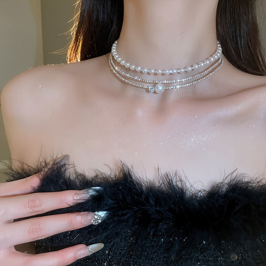 Multi-Layer Pearl Crystal Choker