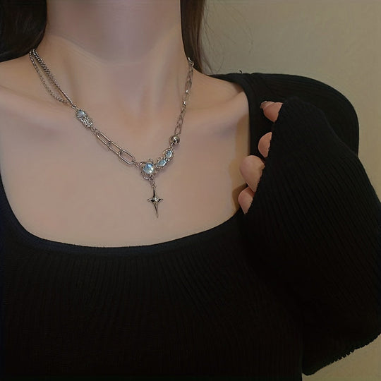 Crinkled Moonstone Rhinestones Star Necklace