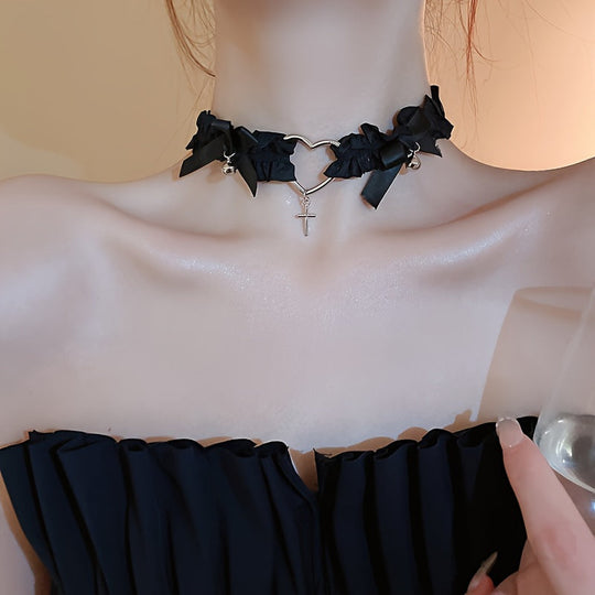 Pleated Elastic Fabric Heart Cross Necklace