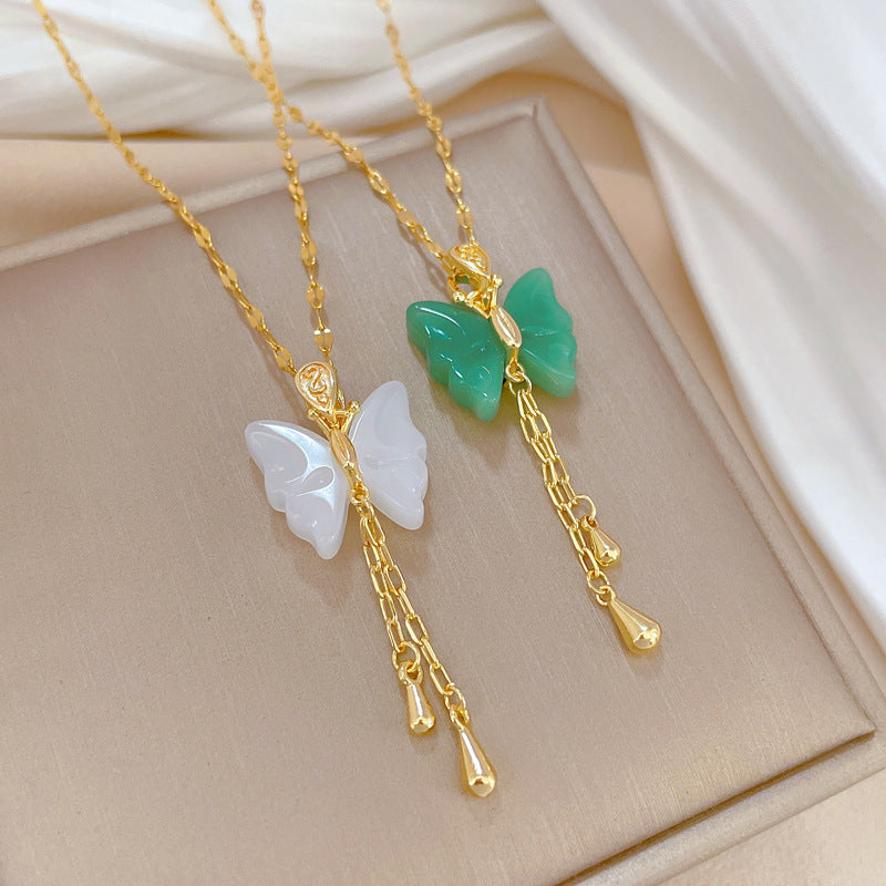Two-Tone Jade Butterfly Tassel Necklace