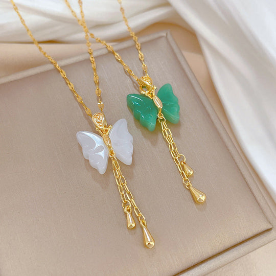 Two-Tone Jade Butterfly Tassel Necklace
