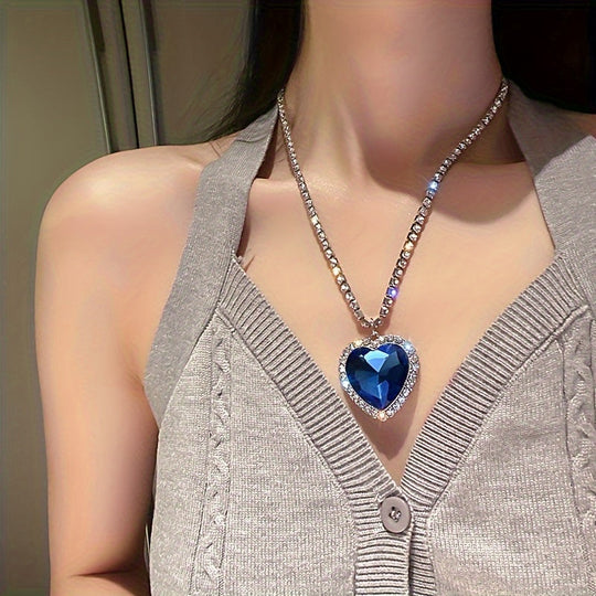Ocean Heart Rhinestone Love Pendant Necklace