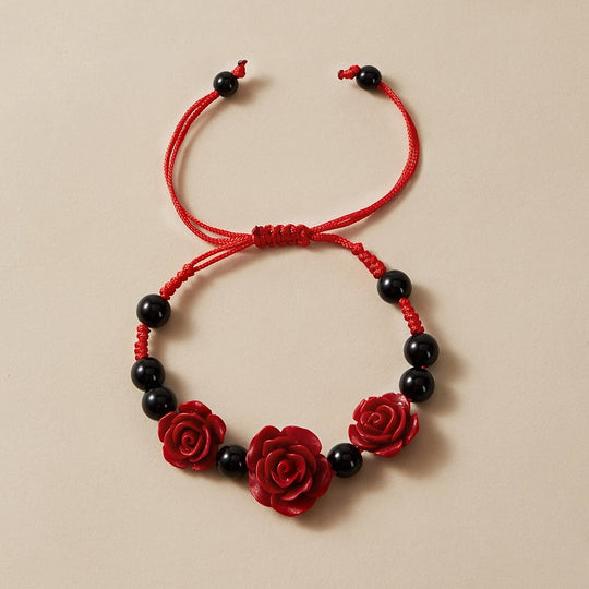 Red Rose Flower Black Beads Beaded Bracelet