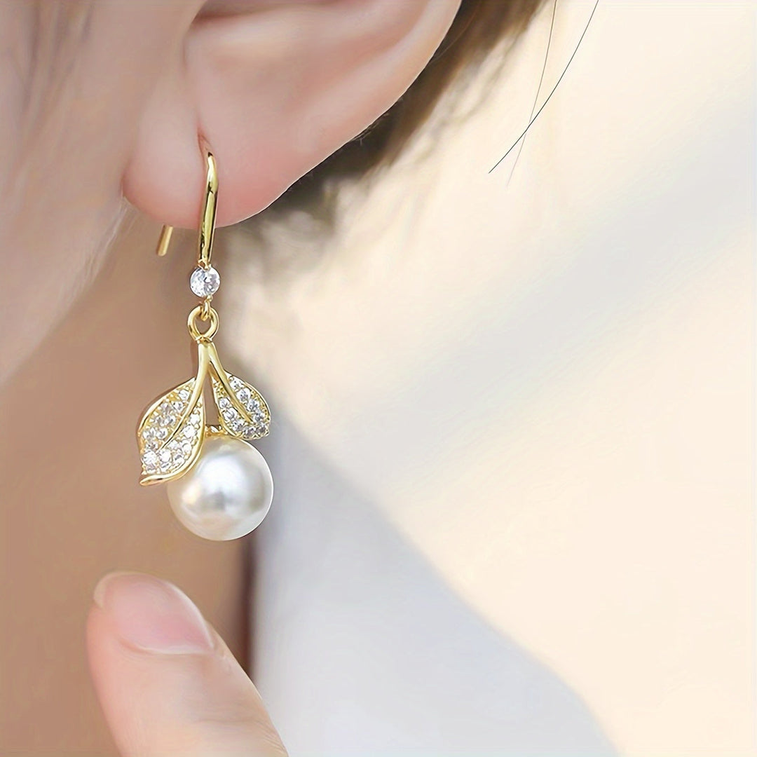 French Leaf & Faux Pearl Drop Earrings