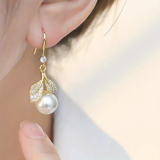 French Leaf & Faux Pearl Drop Earrings