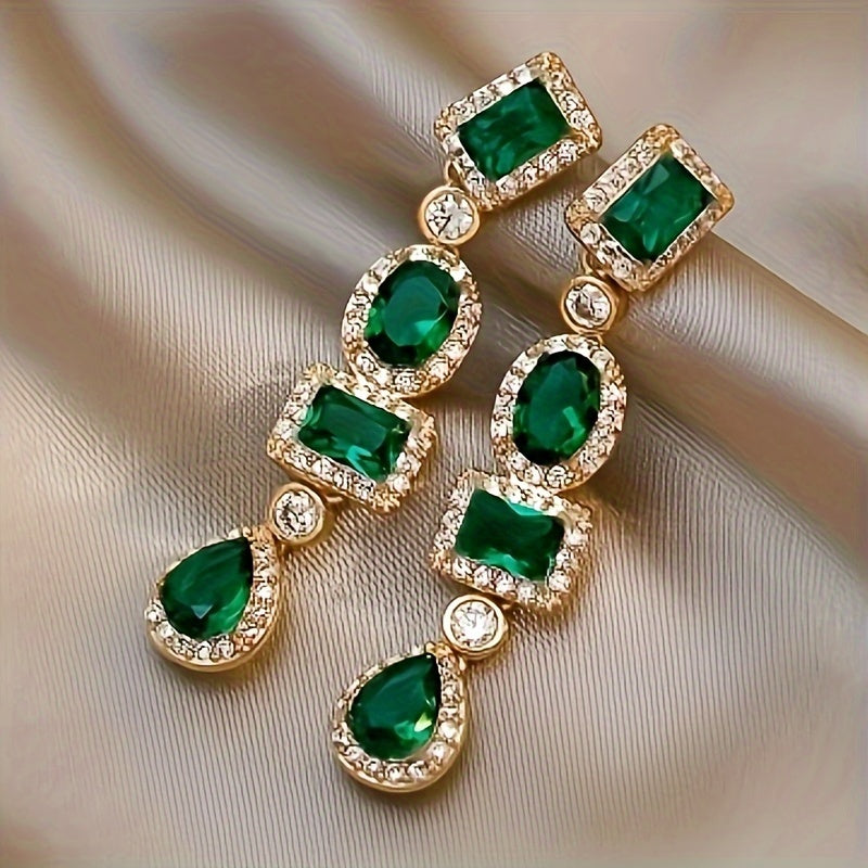 Golden Dangle Earrings with Emerald & Clear Gemstones