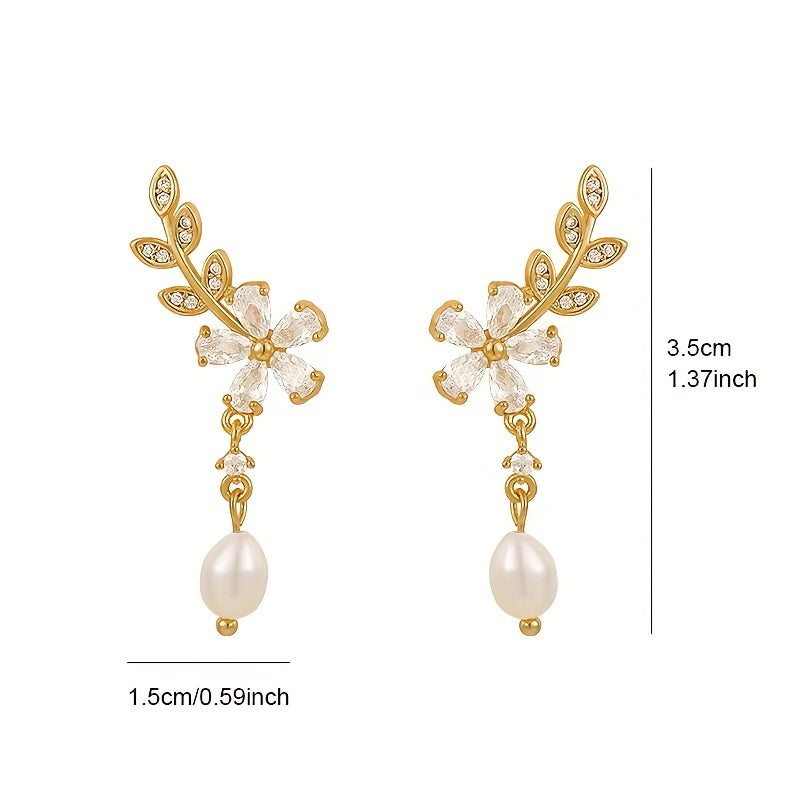 Exquisite Pearl Flower Leaf Drop Earrings