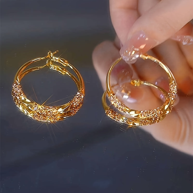 Sparkling Rhinestones Pleated Hoop Earrings