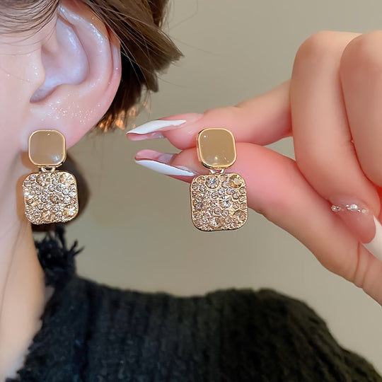 Square Dangle Earrings with Sparkling Rhinestones