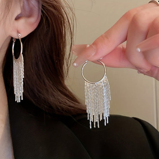 Elegant Golden-Plated Chain Tassel Hoop Earrings