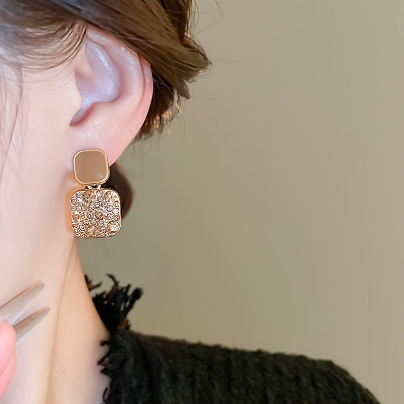 Square Dangle Earrings with Sparkling Rhinestones
