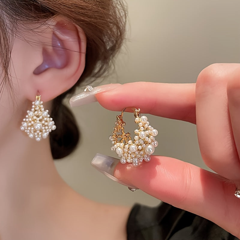 Hollow Flower Basket Earrings with Faux Pearls
