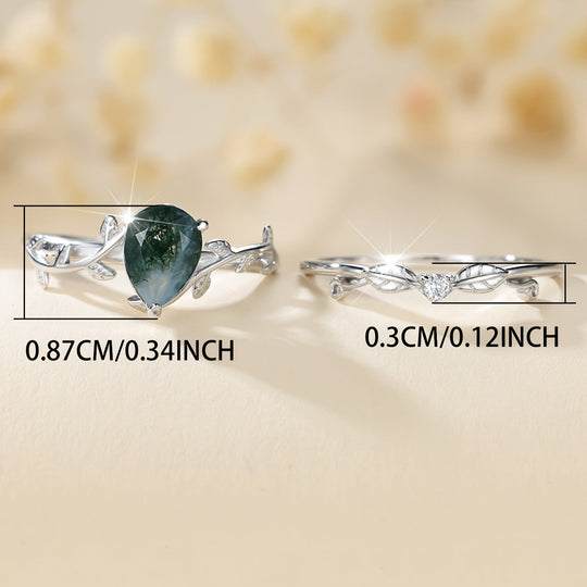 Elegant S925 Sterling Silvery Natural Water Grass Agate Ring Set