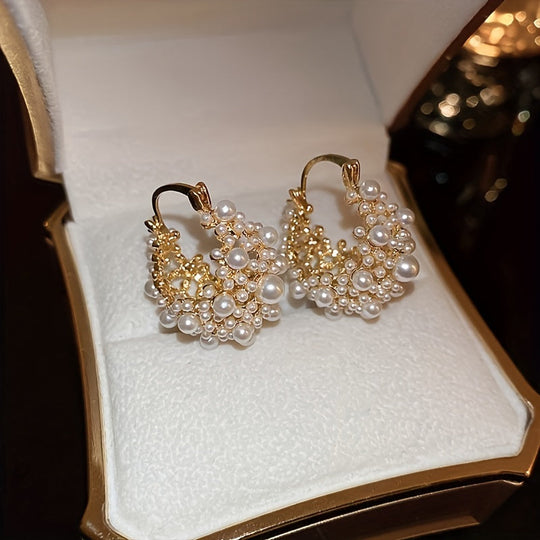 Hollow Flower Basket Earrings with Faux Pearls