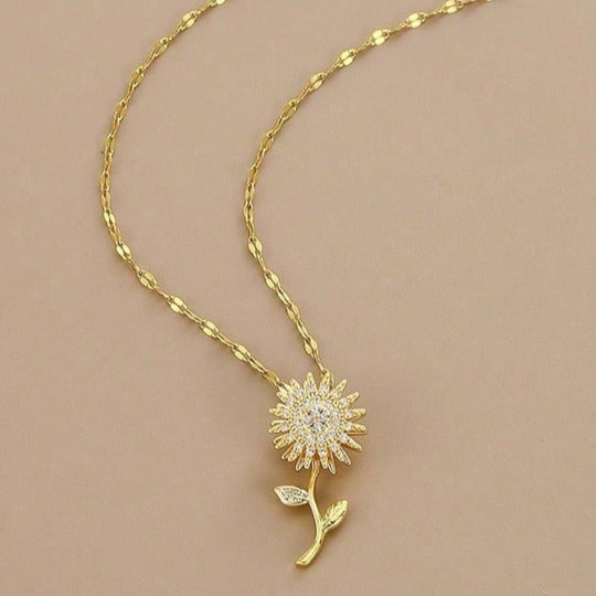 Rotating Sunflower Zirconia Pendant Necklace