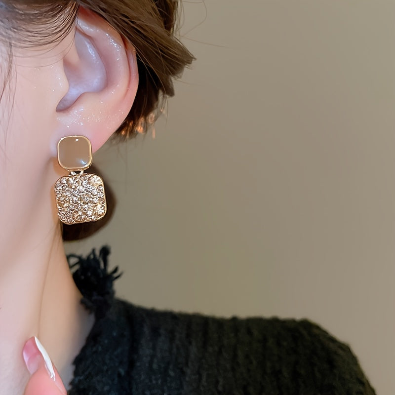 Square Dangle Earrings with Sparkling Rhinestones
