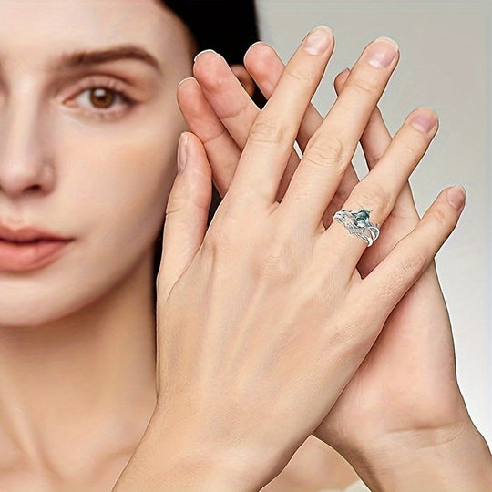 Elegant S925 Sterling Silvery Natural Water Grass Agate Ring Set