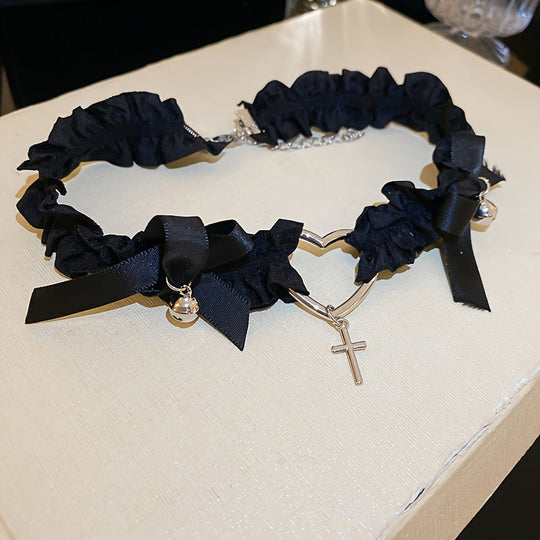 Pleated Elastic Fabric Heart Cross Necklace