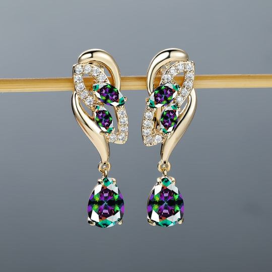 ANGOL Romantic Flower Dangle Earrings for Women - Golden-Tone Floral Design with Red & Clear Synthetic Gemstones, Elegant Party & Everyday Jewelry Gifts