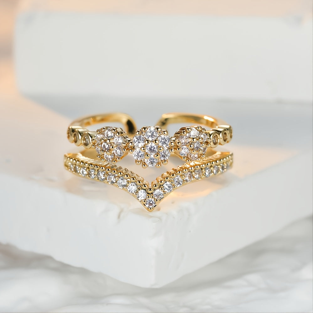Luxurious Double V-Cut Zirconia Inlaid Ring