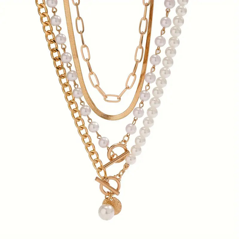 Vintage Pearl & Gold Snake Chain Necklace Set