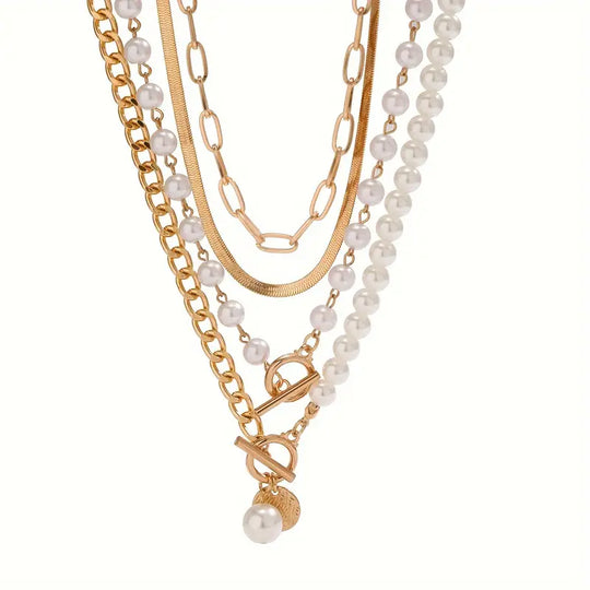 Vintage Pearl & Gold Snake Chain Necklace Set