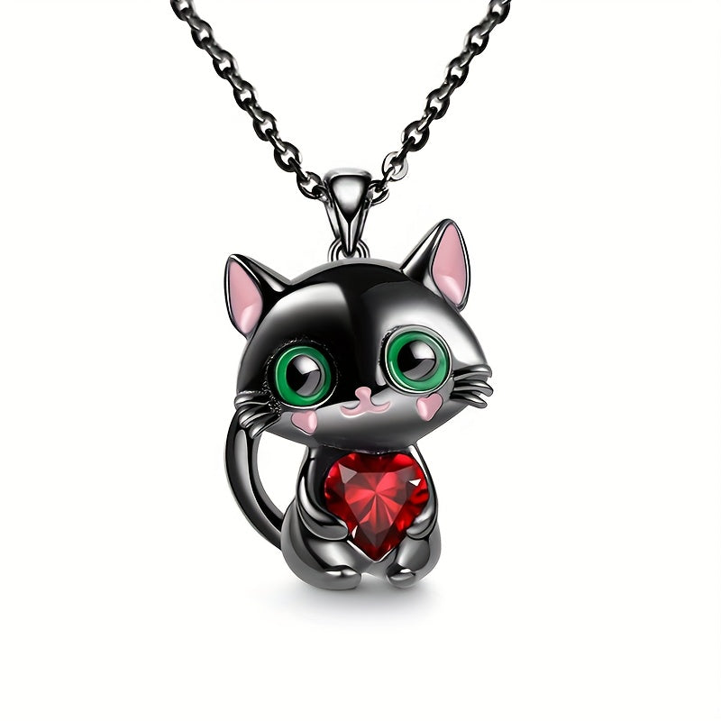 Kitten Hugging Heart Pendant Necklace
