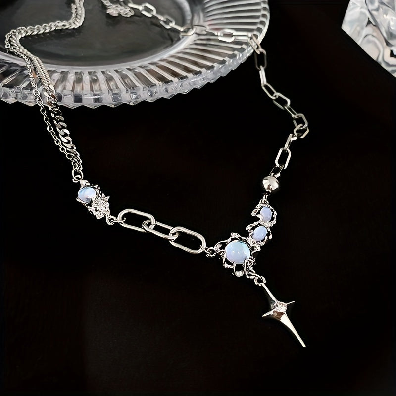 Crinkled Moonstone Rhinestones Star Necklace