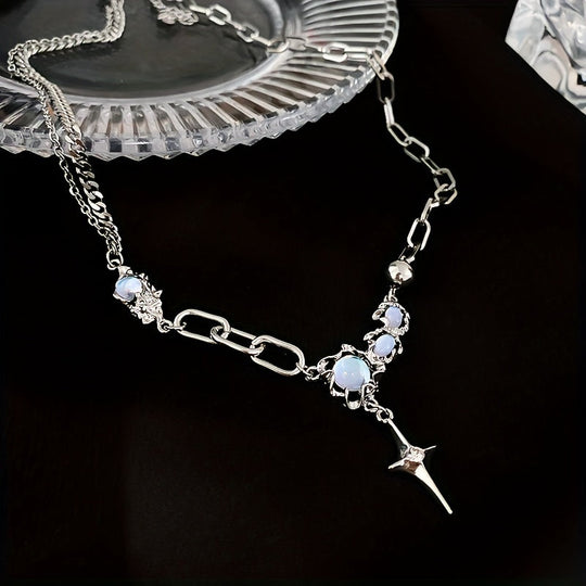 Crinkled Moonstone Rhinestones Star Necklace