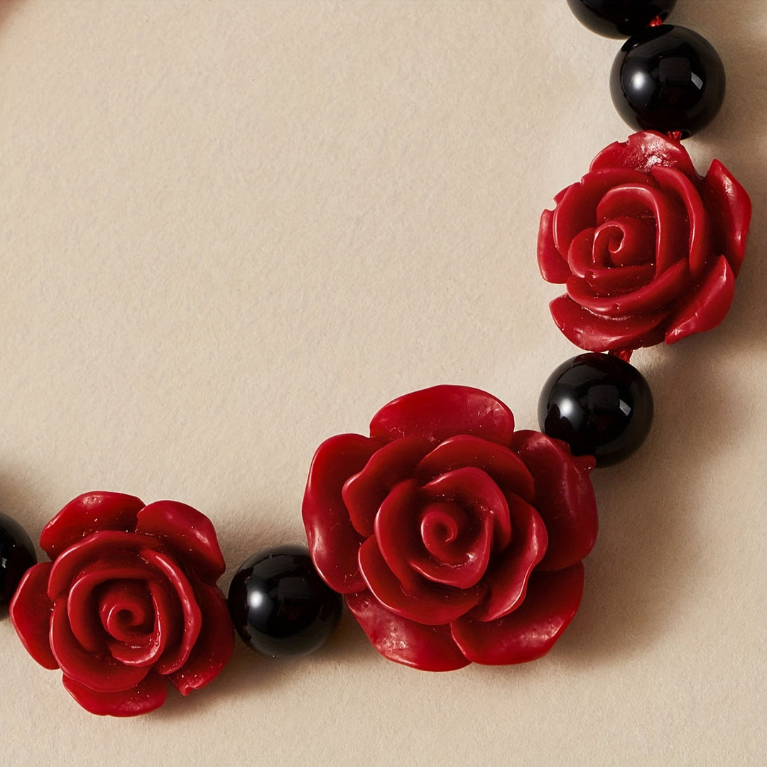 Red Rose Flower Black Beads Beaded Bracelet