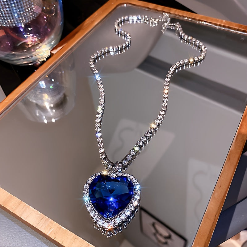 Ocean Heart Rhinestone Love Pendant Necklace