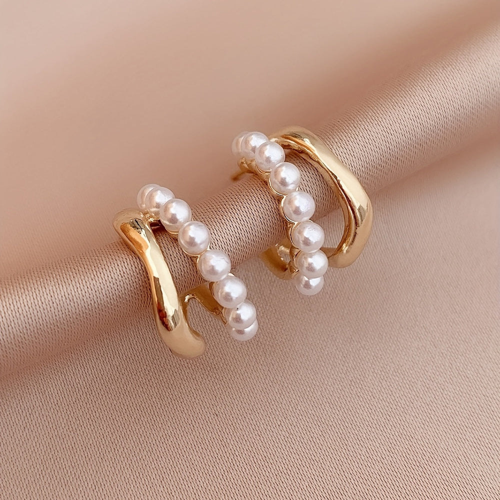 Double Layer Imitation Pearl Earrings with Golden