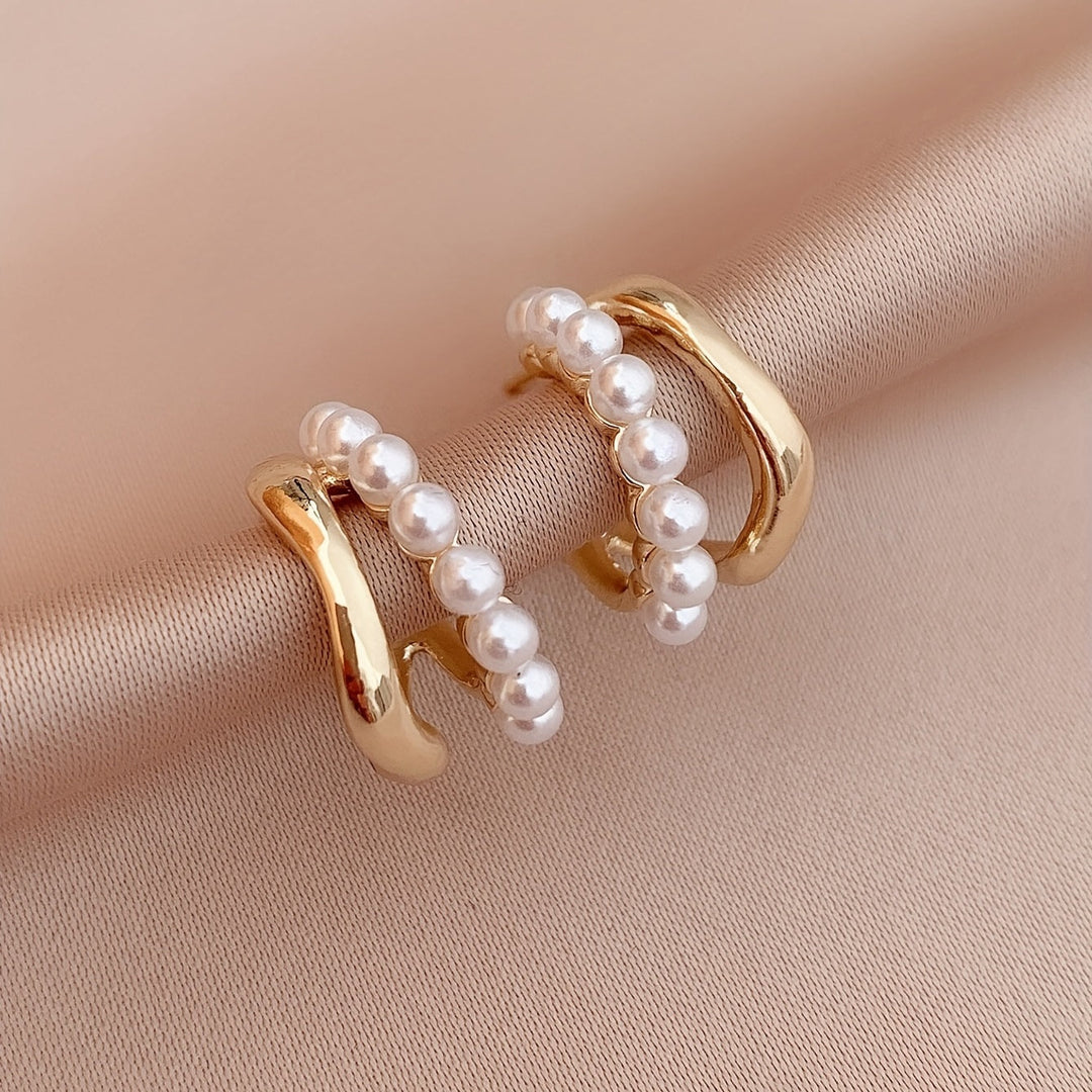 Double Layer Imitation Pearl Earrings with Golden