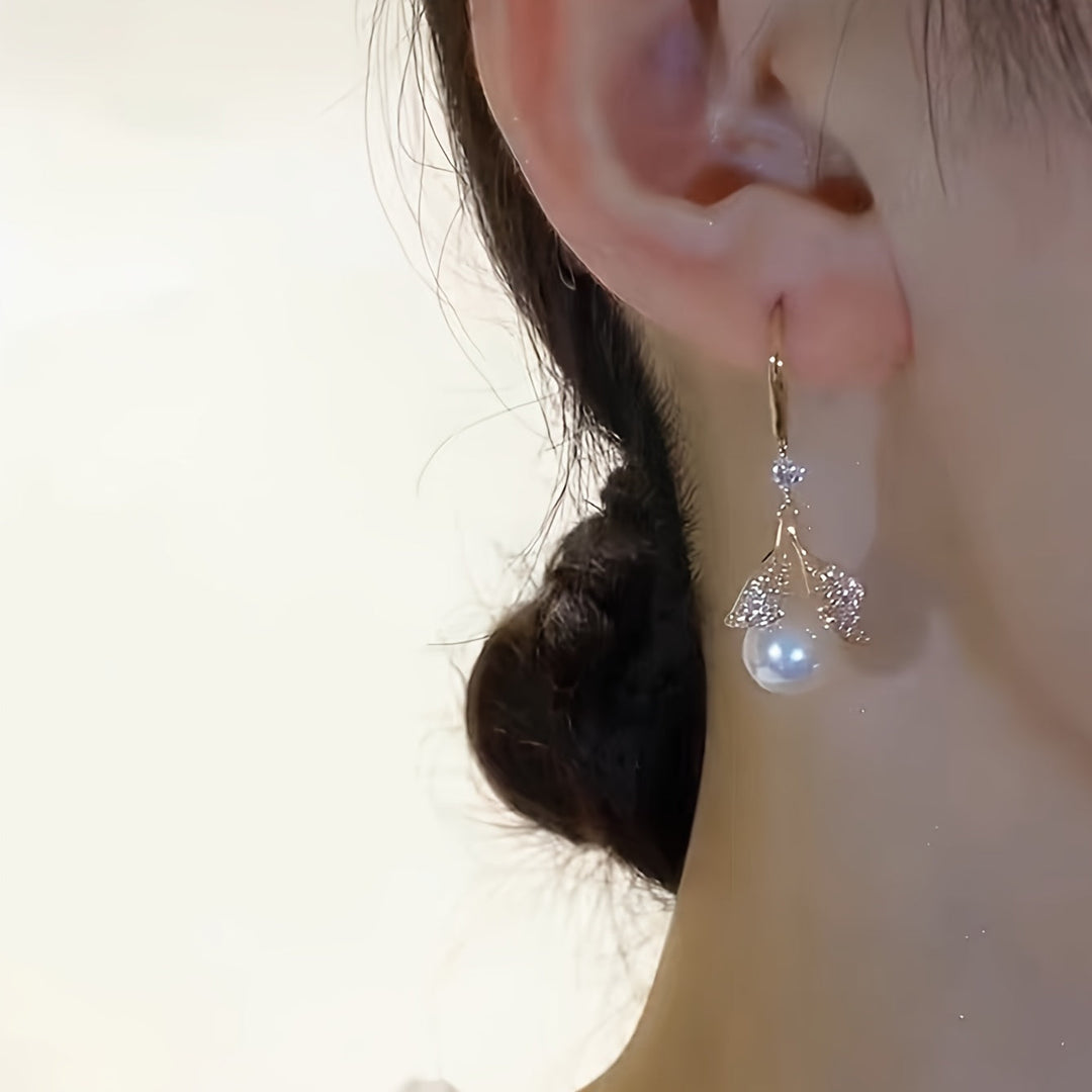 French Leaf & Faux Pearl Drop Earrings