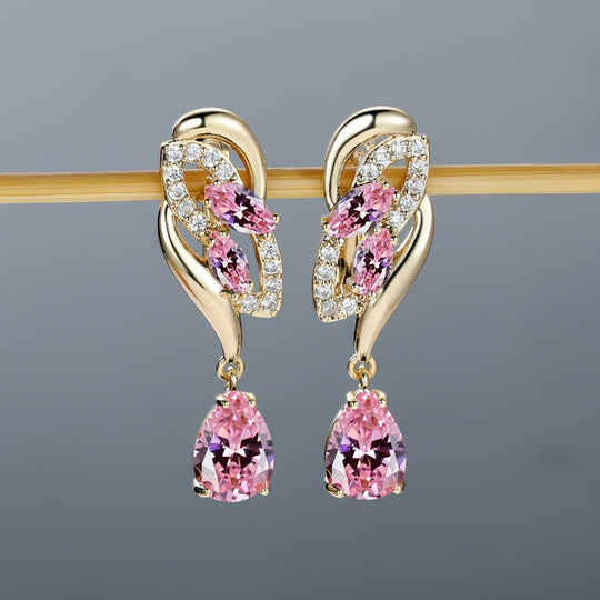 ANGOL Romantic Flower Dangle Earrings for Women - Golden-Tone Floral Design with Red & Clear Synthetic Gemstones, Elegant Party & Everyday Jewelry Gifts